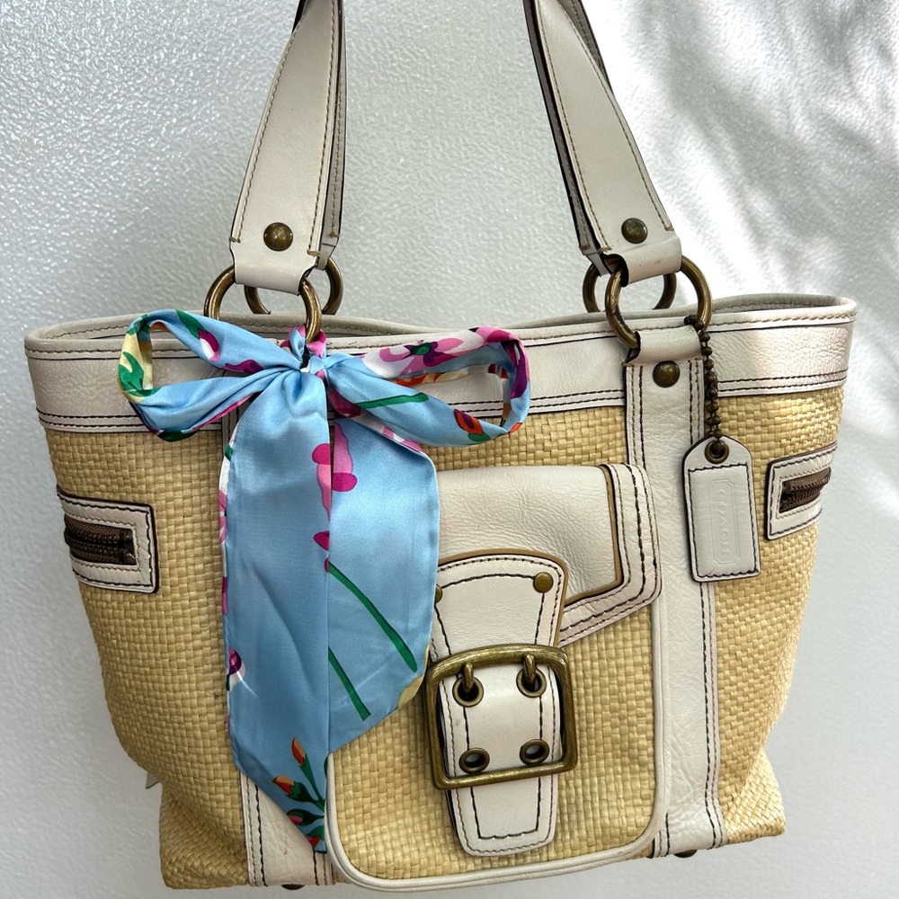 Coach Tan and Cream Tote Bag with Blue Accent